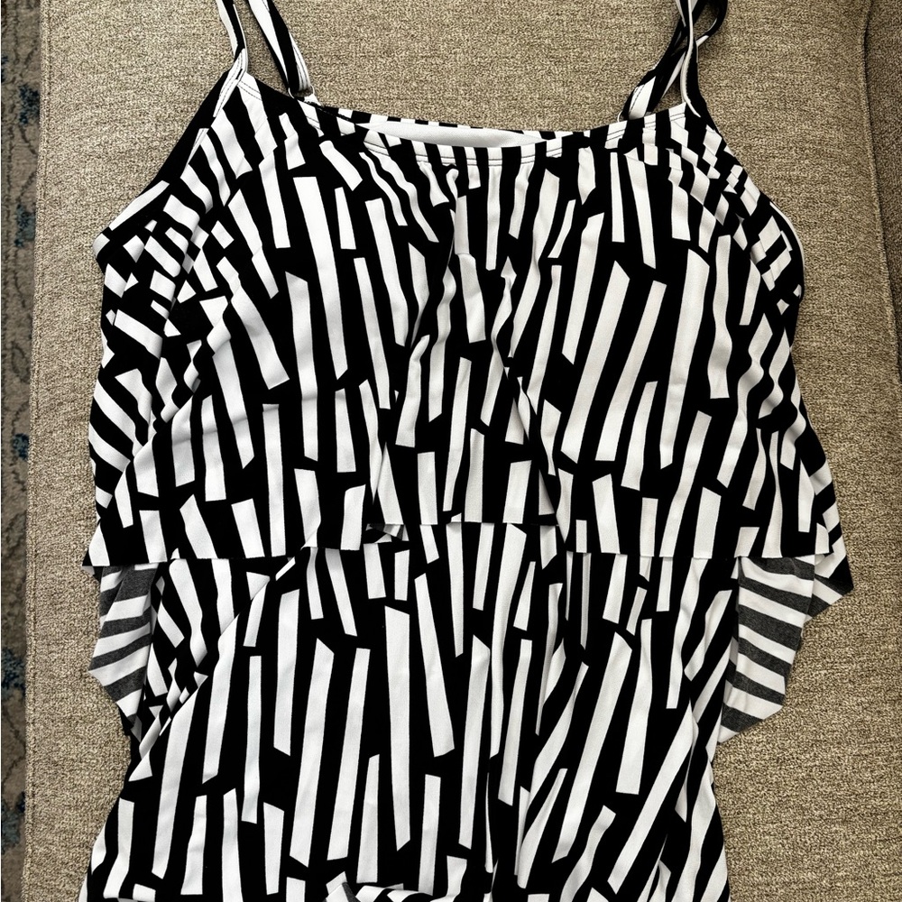 Black and White Asymmetrical Ruffled Bathing Suit